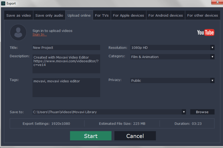 Movavi Sharing options