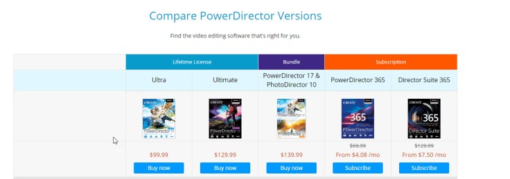 PowerDirector Version Comparison