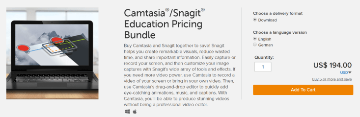 Camtasia and Snagit bundle education pricing