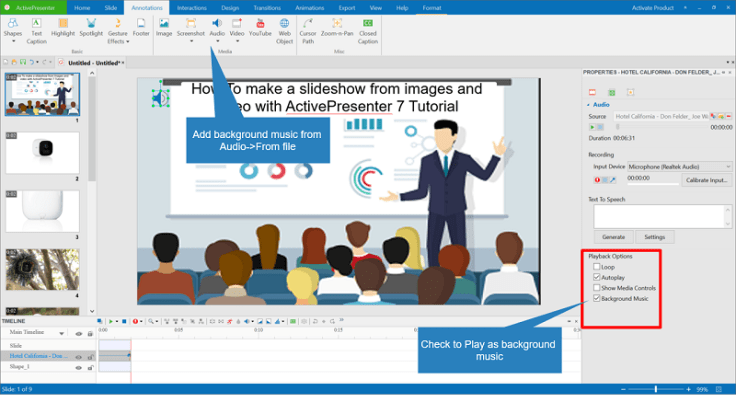 Add background music to slideshow