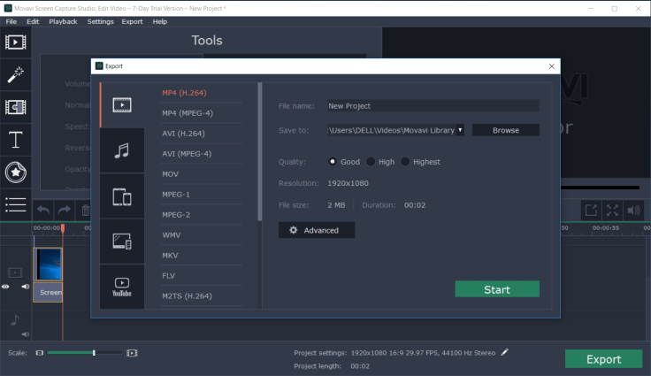 Movavi Screen Capture Studio Export video