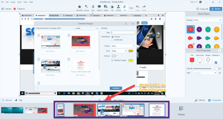 Snagit can combine multiple images into one in Portrait or Landscape mode with customizable caption and order.