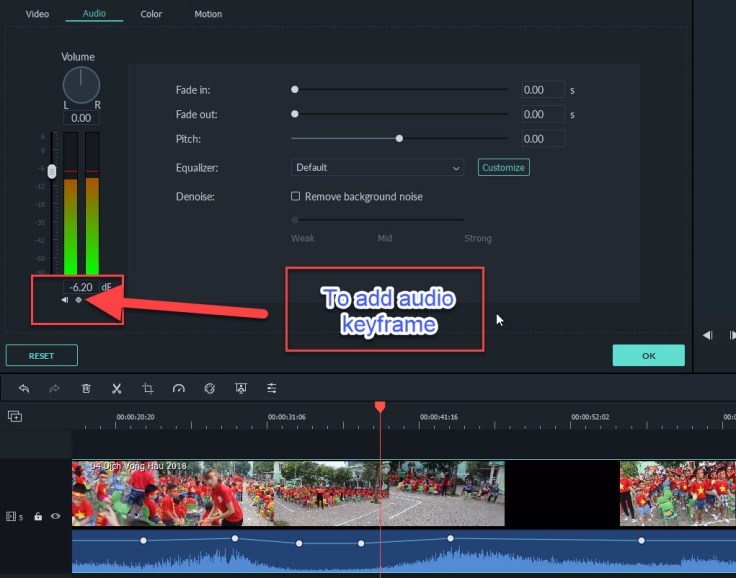 Filmora 9 Add Audio Keyframe button