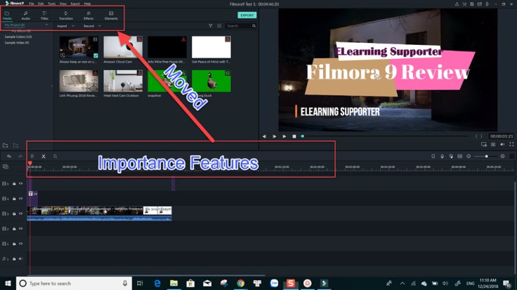 Filmora 9 Important Features are moved to top left of the editor.