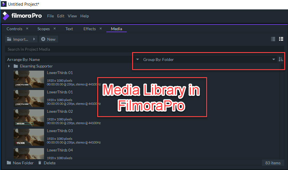 FilmoraPro Media Library