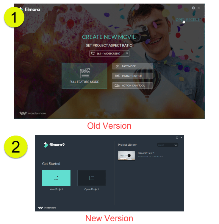 filmora9 and older version has different Start Page