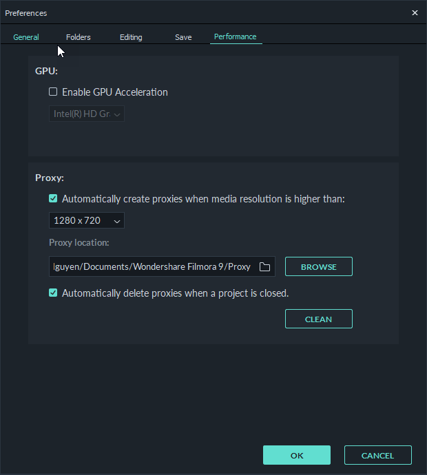 Filmora9 Proxy Workflow preferences