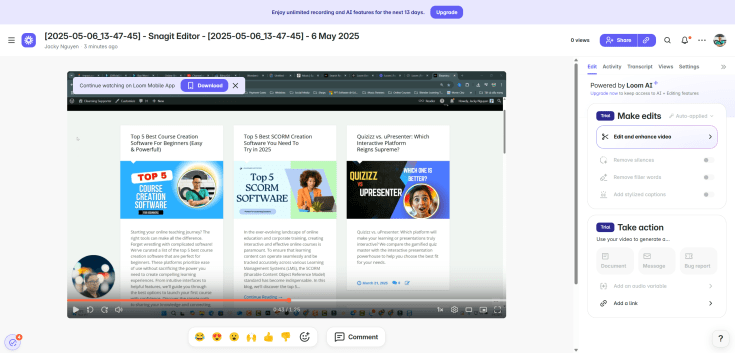 Loom recording toolbar