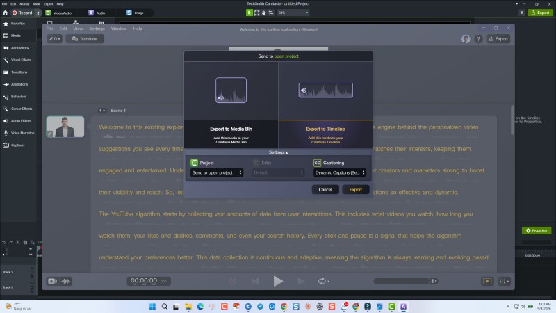 Camtasia 2026 AI tools menu — script and voice generation